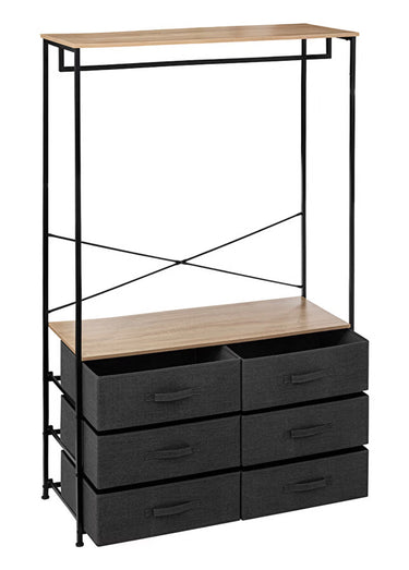 Penderie métal et bois + 6 tiroirs tissu Noir gris bois