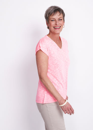 T-shirt col V fluo en maille flammée Rose
