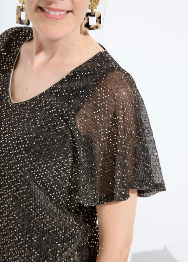 T-shirt pailleté col V manches courtes Noir/Dore