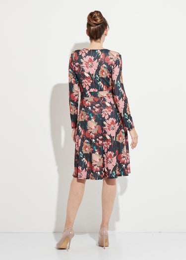 Robe courte évasée col V imprimé fleuri Marine/Beige