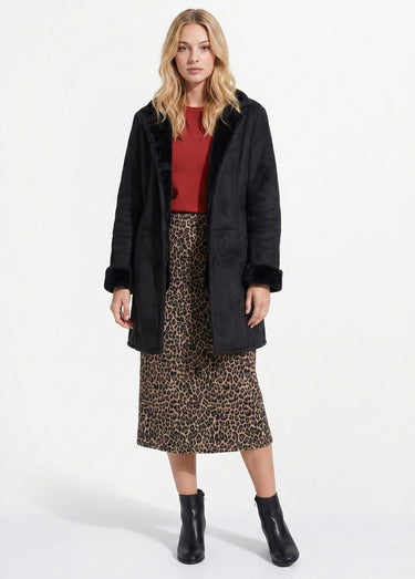 Manteau col tailleur façon peau lainée Noir
