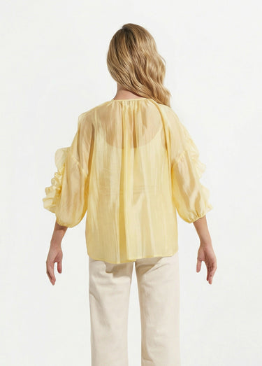 Blouse col V boutonnée à volants Jaune