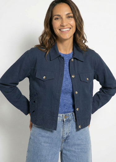 Veste courte en denim, détails ajourés Marine