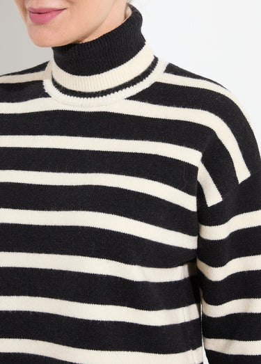 Pull col roulé manches longues descendues Raye Noir