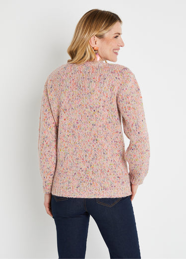 Pull chaud mouliné col rond avec laine et mohair Rose/Vert