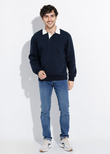 Sweat shirt avec col polo contrasté Marine
