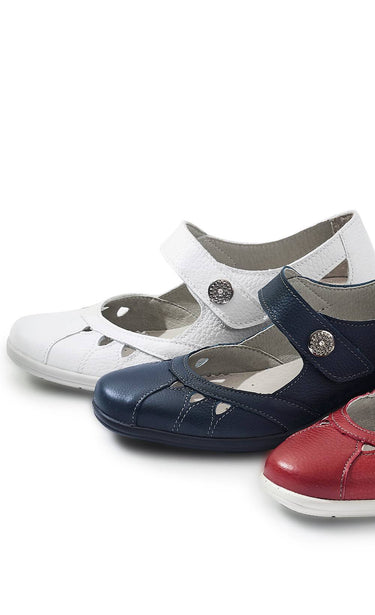 Ballerines grande largeur scratchées cuir Blanc