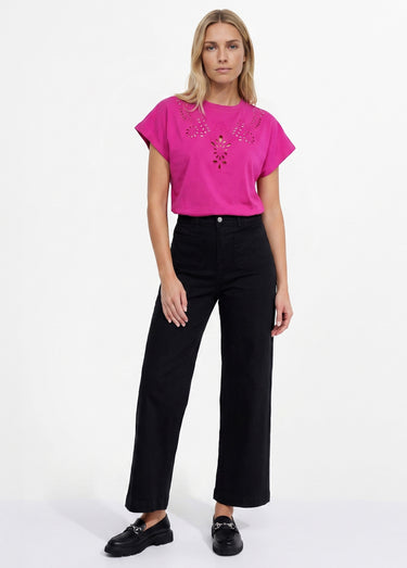 T-shirt coton encolure broderie anglaise Violet