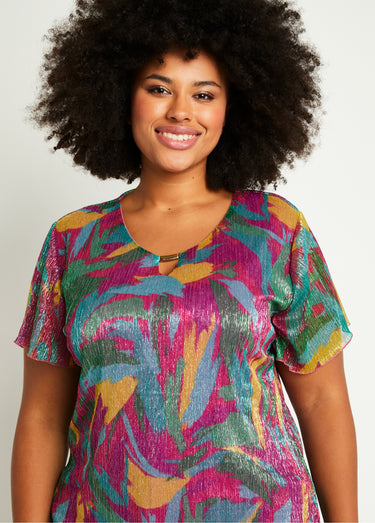 T-shirt court imprimé feuillage doré Fuchsia/Vert