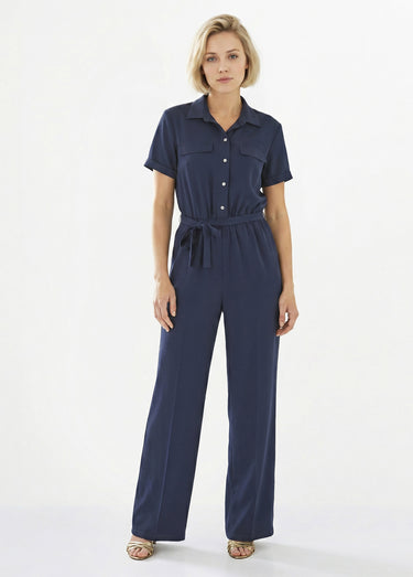 Combinaison-pantalon boutonnée taille élastiquée Marine