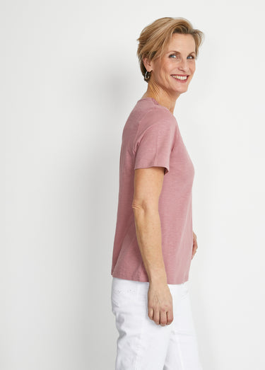 T-shirt manches courtes coton et macramé Rose