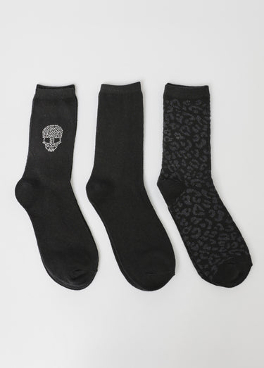 Lot de 3 Chaussettes dont motifs strass Noir/Leopard
