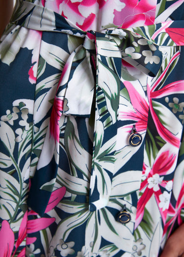 Robe boutonnée mi longue imprimée Marine/Fuchsia