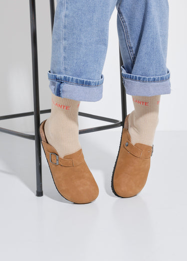 Mules à boucle et semelle anatomique Camel