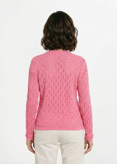 Cardigan col V boutonné ajouré uni coton Rose