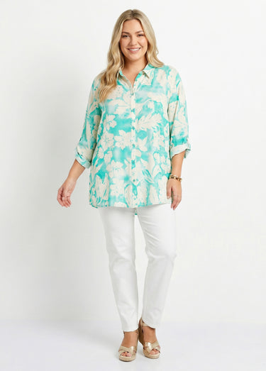 Chemisier ample long fleuri Vert/Blanc