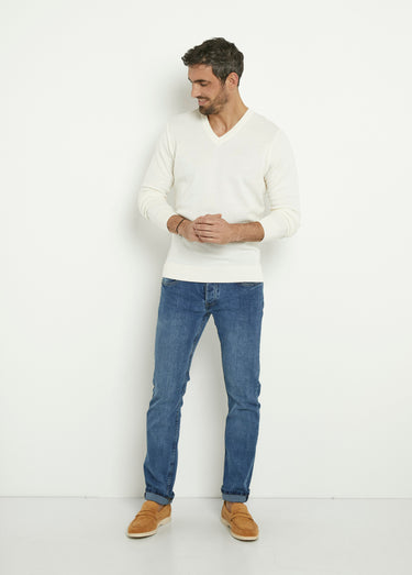 Pull jacquard col V chaud en laine mérinos Ecru