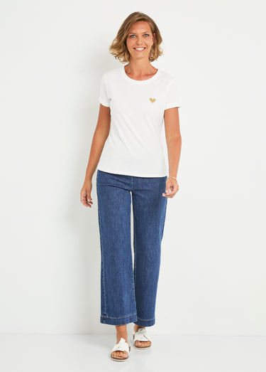 T-shirt col rond broderie coeur poitrine Blanc