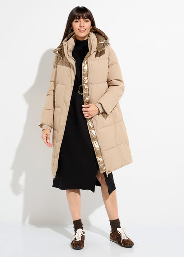 Doudoune longue capuche métallisée Beige