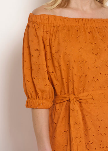 Robe courte col Bardot broderie anglaise Orange
