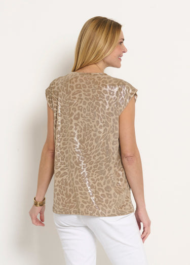 T-shirt sans manches motif léopard métallisé Taupe Irise