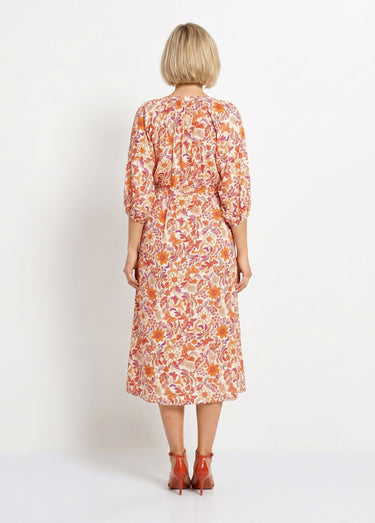 Robe longue boutonnée avec manches 3/4 Orange Imprime