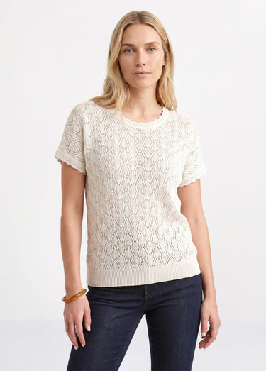 Pull coton court col rond ajouré effet crochet Ecru