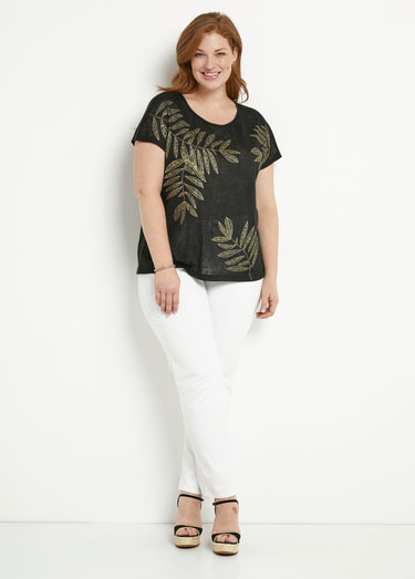 T-shirt col rond maille flammée motif doré Noir