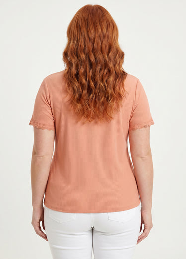 T-shirt col V fines côtes dentelle manches courtes Saumon