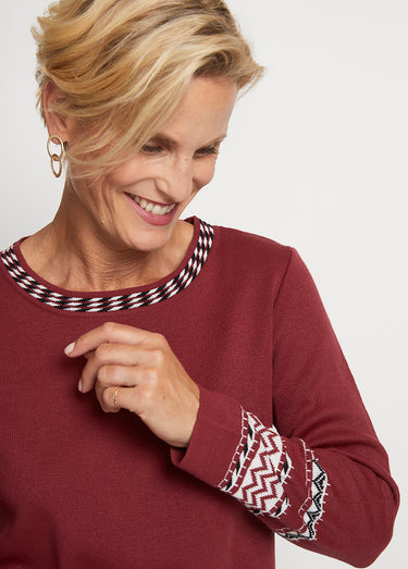 Pull-tunique doux mi-long jacquard col rond Bordeaux