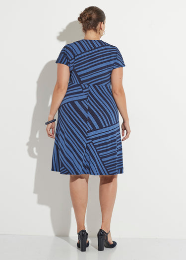 Robe longue manches col V rayures Bleu