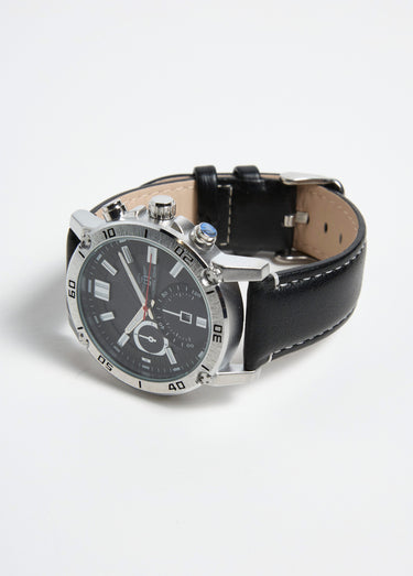 Montre ronde chronographe acier inox et cuir Noir