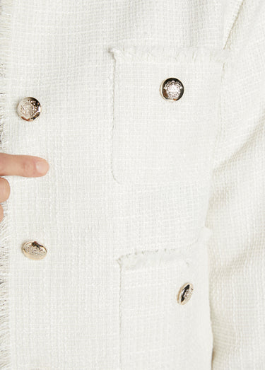 Veste sans col boutonnée courte tissu natté uni Ecru