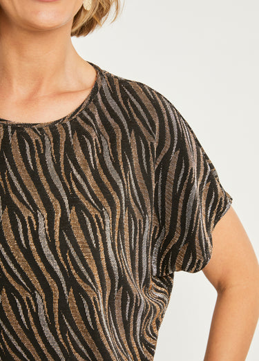 T-shirt court maille brillante jacquard dentelle Noir/Cuivre