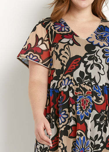 Robe courte évasée volantée voile imprimé Noir/Ecru