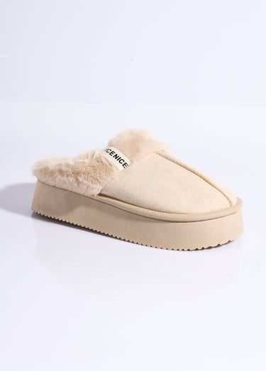 Mules compensées fourrées dessus suédine Beige