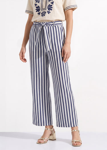 Pantalon rayé ceinturé, fils métallisés Marine/Ecru
