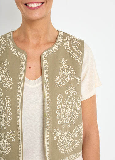 Gilet sans manches brodé style scandinave Kaki