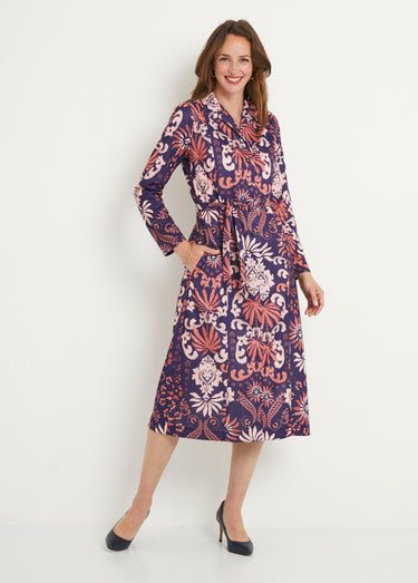Robe boutonnée mi longue satinée col tailleur Marine/Rose