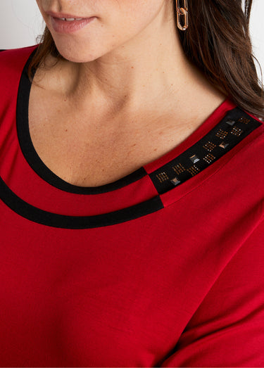 T-shirt fluide col rond avec strass Rouge