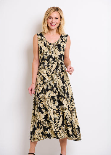 Robe longue sans manches évasée imprimé feuillage Noir/Ecru