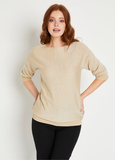 Pull mi-long uni brillant manches 3/4 col bateau Beige Irise