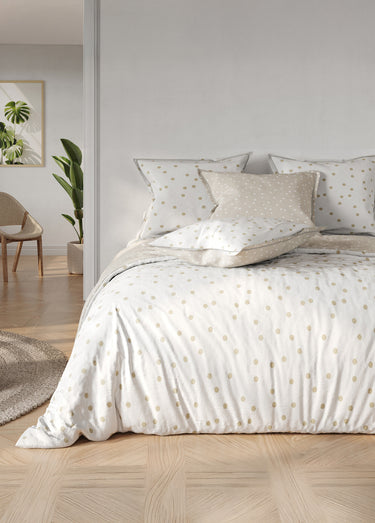 Parure housse de couette coton, pois Blanc/Beige