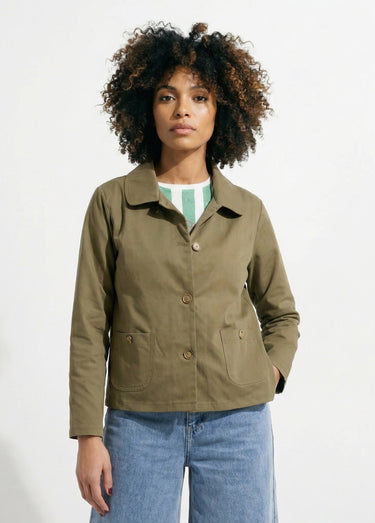 Veste boite en coton, avec col claudine Kaki