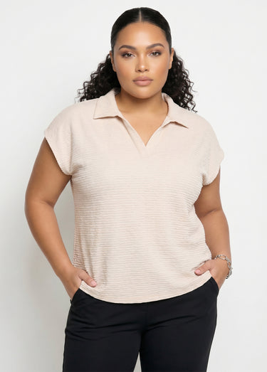 T-shirt col chemise uni manches courtes Sable