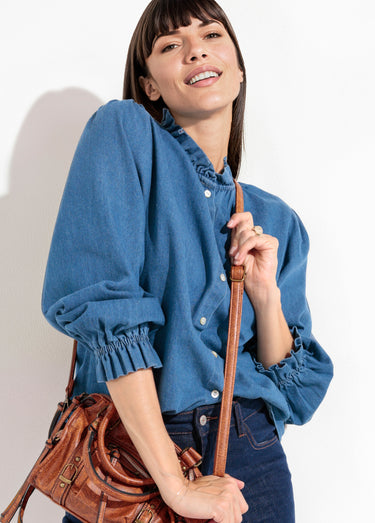 Chemise en denim boutonnée, col volanté Denim