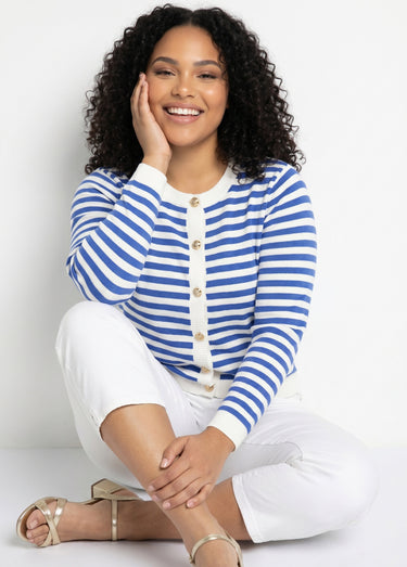 Gilet cardigan court col rond rayé boutonné Raye Bleu