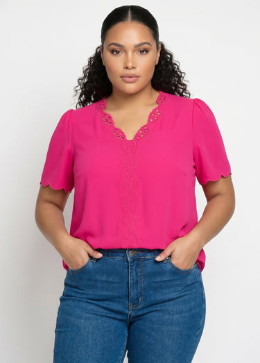 Tunique longue brodée manches courtes unie Fuchsia
