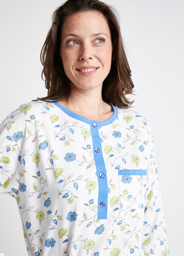 Chemise de nuit boutonnée coton imprimé mi longue Bleu