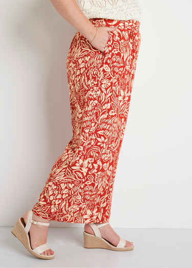 Pantalon large taille élastiquée fleuri ou uni Tomette/Ecru